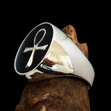Black oval shaped Egyptian Ankh Cross Men's Ring - Sterling Silver - BikeRing4u