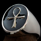 Black oval shaped Egyptian Ankh Cross Men's Ring - Sterling Silver - BikeRing4u