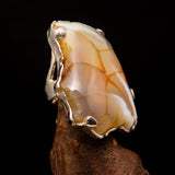 Huge Sterling Silver Solitaire Ring with Fancy Cut Agate Slice - BikeRing4u