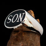Perfectly crafted oval Initial Men's Ring black SON one word - Sterling Silver - BikeRing4u