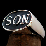 Perfectly crafted oval Initial Men's Ring black SON one word - Sterling Silver - BikeRing4u