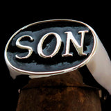 Perfectly crafted oval Initial Men's Ring black SON one word - Sterling Silver - BikeRing4u