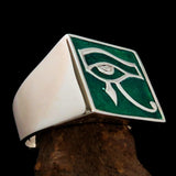 Excellent crafted Men's Ring All seeing Udjat Eye of Ra Green - Sterling Silver - BikeRing4u