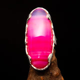 Artistic Sterling Silver Artwork Ring with oval pink Agate Cabochon - BikeRing4u