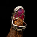 Artistic Sterling Silver Artwork Ring with oval pink Agate Cabochon - BikeRing4u