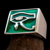 Excellent crafted Men's Ring All seeing Udjat Eye of Ra Green - Sterling Silver - BikeRing4u