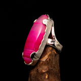 Artistic Sterling Silver Artwork Ring with oval pink Agate Cabochon - BikeRing4u