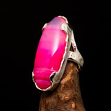 Artistic Sterling Silver Artwork Ring with oval pink Agate Cabochon - BikeRing4u