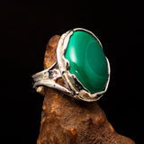 Artwork Sterling Silver Ring with oval Green Malachite - Size 10.5 - BikeRing4u
