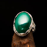 Artwork Sterling Silver Ring with oval Green Malachite - Size 10.5 - BikeRing4u