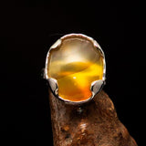 Artistic Sterling Silver Artwork Ring with oval yellow Agate Cabochon - BikeRing4u