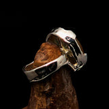 Artistic Sterling Silver Artwork Ring with oval yellow Agate Cabochon - BikeRing4u