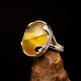 Artistic Sterling Silver Artwork Ring with oval yellow Agate Cabochon - BikeRing4u