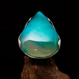 Minimalistic Sterling Silver Ring with pear shaped green Agate Cabochon - BikeRing4u