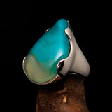 Minimalistic Sterling Silver Ring with pear shaped green Agate Cabochon - BikeRing4u