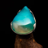 Minimalistic Sterling Silver Ring with pear shaped green Agate Cabochon - BikeRing4u