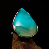 Minimalistic Sterling Silver Ring with pear shaped green Agate Cabochon - BikeRing4u