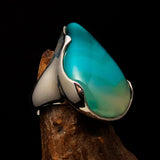 Minimalistic Sterling Silver Ring with pear shaped green Agate Cabochon - BikeRing4u