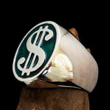 Excellent crafted Men's Currency Ring US Dollar Symbol Green - Sterling Silver - BikeRing4u
