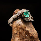 Sterling Silver Solitaire Ring with oval Green Emerald and white CZ - Size 5.75 - BikeRing4u