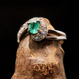 Sterling Silver Solitaire Ring with oval Green Emerald and white CZ - Size 5.75 - BikeRing4u