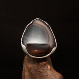 Minimalistic Sterling Silver Ring with pear shaped black Agate Cabochon - BikeRing4u