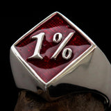 Men's Sterling Silver Biker Ring Diamond shaped 1% Percent Outlaw Symbol Red - BikeRing4u
