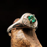 Sterling Silver Solitaire Ring with round Green Emerald and white CZ - Size 5 - BikeRing4u