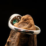 Sterling Silver Solitaire Ring with round Green Emerald and white CZ - Size 5 - BikeRing4u