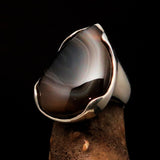 Minimalistic Sterling Silver Ring with pear shaped black Agate Cabochon - BikeRing4u