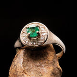 Sterling Silver Solitaire Ring with round Green Emerald and white CZ - Size 5 - BikeRing4u
