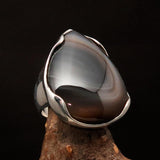 Minimalistic Sterling Silver Ring with pear shaped black Agate Cabochon - BikeRing4u