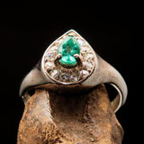 Sterling Silver Solitaire Ring with pear Green Emerald and white CZ - Size 5.5 - BikeRing4u