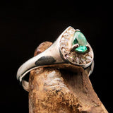 Sterling Silver Solitaire Ring with pear Green Emerald and white CZ - Size 5.5 - BikeRing4u