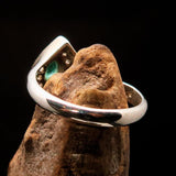 Sterling Silver Solitaire Ring with pear Green Emerald and white CZ - Size 5.5 - BikeRing4u