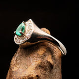 Sterling Silver Solitaire Ring with pear Green Emerald and white CZ - Size 5.5 - BikeRing4u