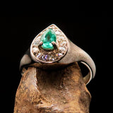 Sterling Silver Solitaire Ring with pear Green Emerald and white CZ - Size 5.5 - BikeRing4u