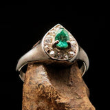 Sterling Silver Solitaire Ring with pear Green Emerald and white CZ - Size 5.5 - BikeRing4u
