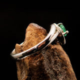 Sterling Silver Solitaire Ring with pear shape Green Emerald and 10 white CZ - Size 5.5 - BikeRing4u