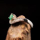 Sterling Silver Solitaire Ring with pear shape Green Emerald and 10 white CZ - Size 5.5 - BikeRing4u