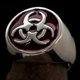 Nicely crafted Men's Bio Hazard Ring Red Toxic Waste Symbol - Sterling Silver - BikeRing4u