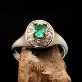 Sterling Silver Solitaire Ring with oval Green Emerald and 14 white CZ - Size 6.5 - BikeRing4u