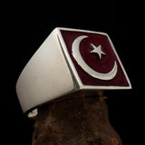 Perfectly crafted Men's Ring Crescent Moon and Star Red - Sterling Silver - BikeRing4u
