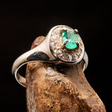 Sterling Silver Solitaire Ring with oval Green Emerald and 14 white CZ - Size 6.5 - BikeRing4u