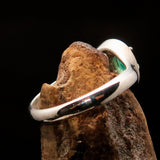 Sterling Silver Solitaire Ring with oval Green Emerald and 14 white CZ - Size 6.5 - BikeRing4u