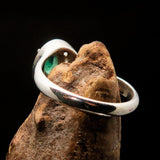 Sterling Silver Solitaire Ring with oval Green Emerald and 14 white CZ - Size 6.5 - BikeRing4u