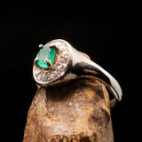 Sterling Silver Solitaire Ring with oval Green Emerald and 14 white CZ - Size 6.5 - BikeRing4u