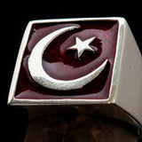Perfectly crafted Men's Ring Crescent Moon and Star Red - Sterling Silver - BikeRing4u