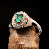 Sterling Silver Solitaire Ring with oval Green Emerald and 14 white CZ - Size 6.5 - BikeRing4u