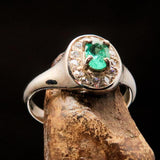Sterling Silver Solitaire Ring with oval Green Emerald and 14 white CZ - Size 6.5 - BikeRing4u
